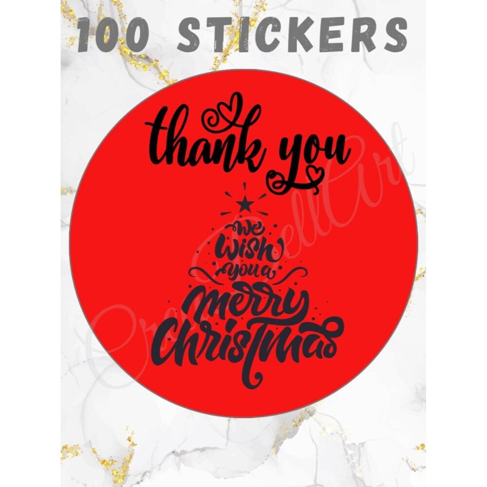 100 Christmas Thank You Stickers –Merry Christmas Tree Design